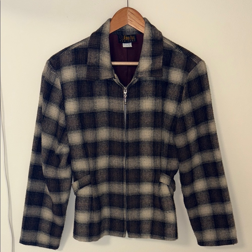 Vintage Brown and Tan Plaid Zip-up Jacket